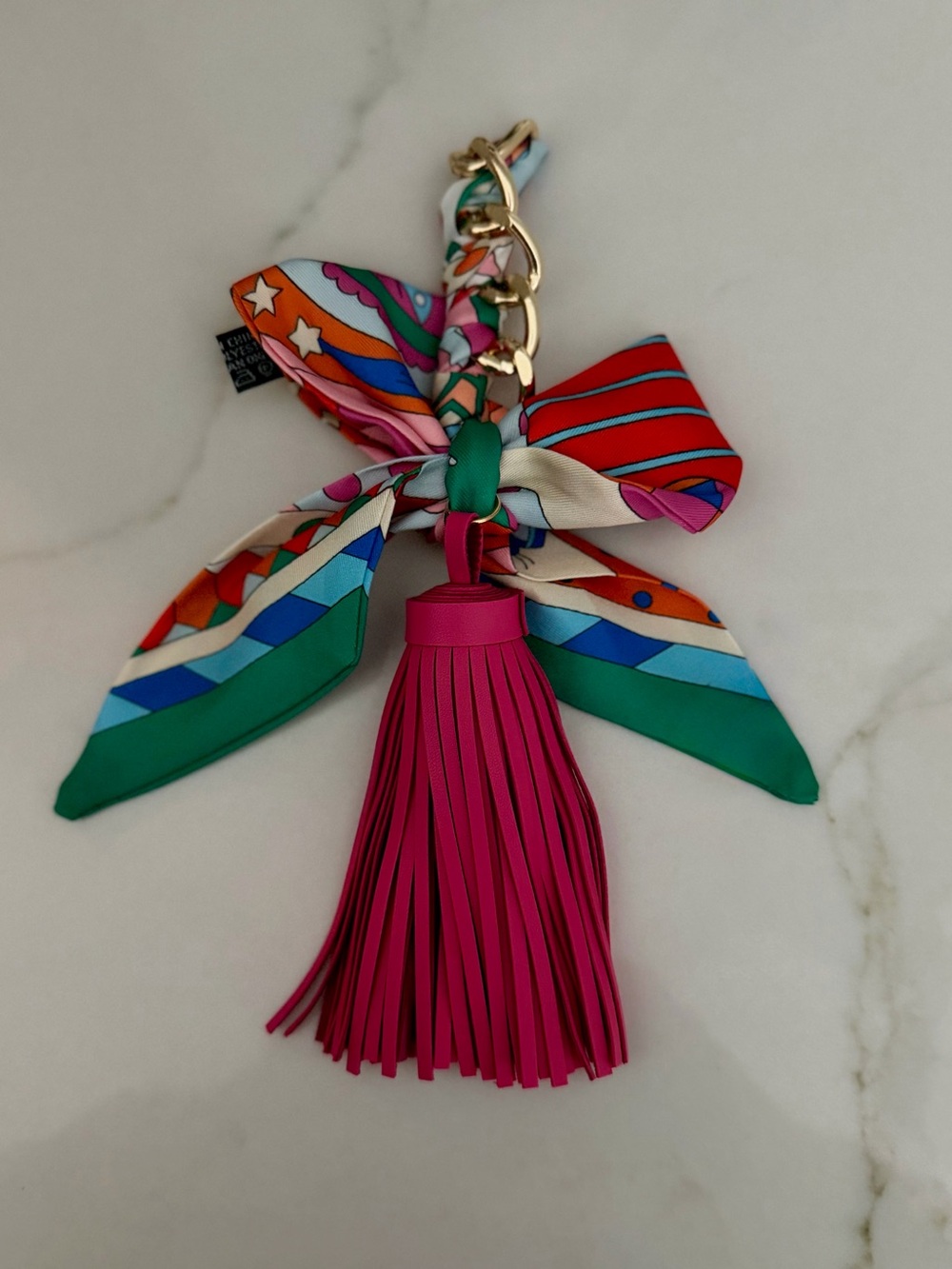 Colorful Silk Scarf bag charm with Hot Pink Tassel